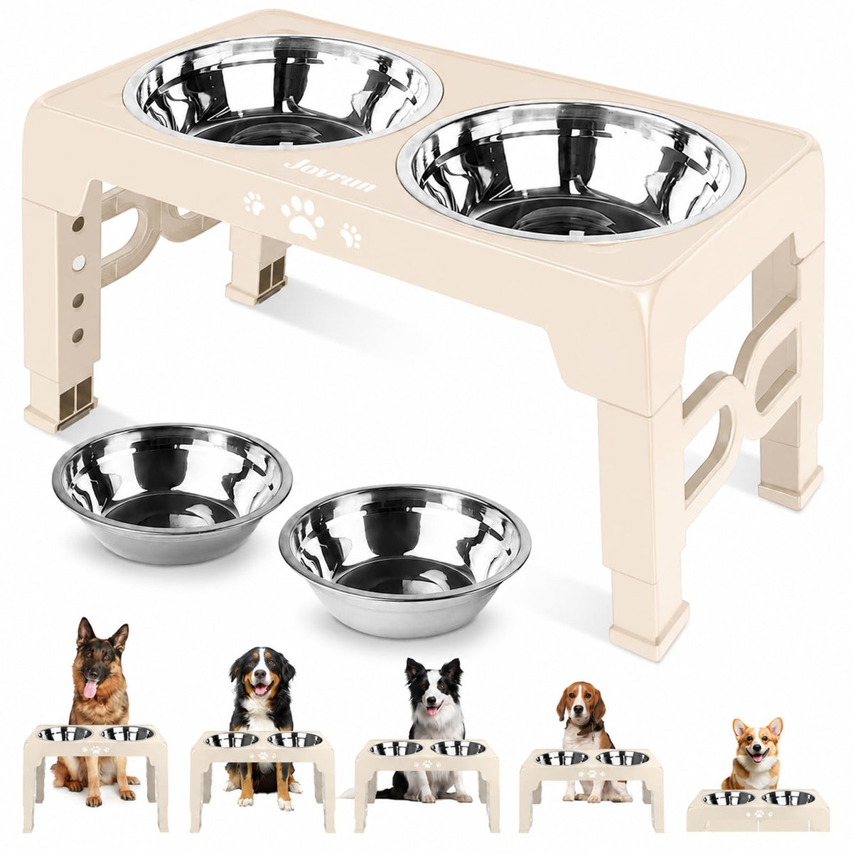 Jovrun Elevated Dog Bowls for Medium Large Size Dogs, Non-Slip Dog Feeder with 1*Stainless Steel Dishes & 1*Slow Feeder Bowl, 5 Heights Adjustable Raised Bowls to 3.15″-8.66″-9.84″-11.02″-12.2″