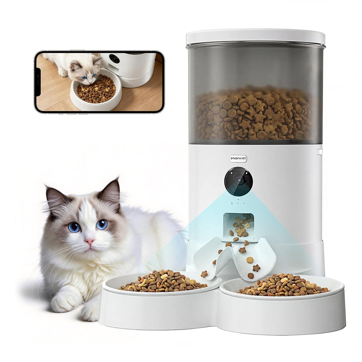 DOUDOU PET Automatic Cat Feeder, 5G&2.4G WiFi Pet Feeders, 4.5L Programmable Cat Food Dispenser with Airtight Lock-Fresh Technology,Equipped with a Ceramic Bowl and a Low Food Level Sensor