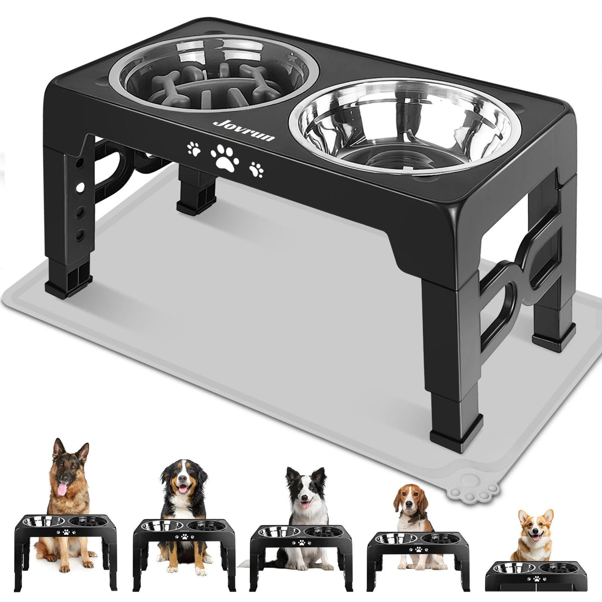 Jovrun Elevated Dog Bowls for Medium Large Size Dogs, Non-Slip Dog Feeder with 1*Stainless Steel Dishes & 1*Slow Feeder Bowl, 5 Heights Adjustable Raised Bowls to 3.15″-8.66″-9.84″-11.02″-12.2″