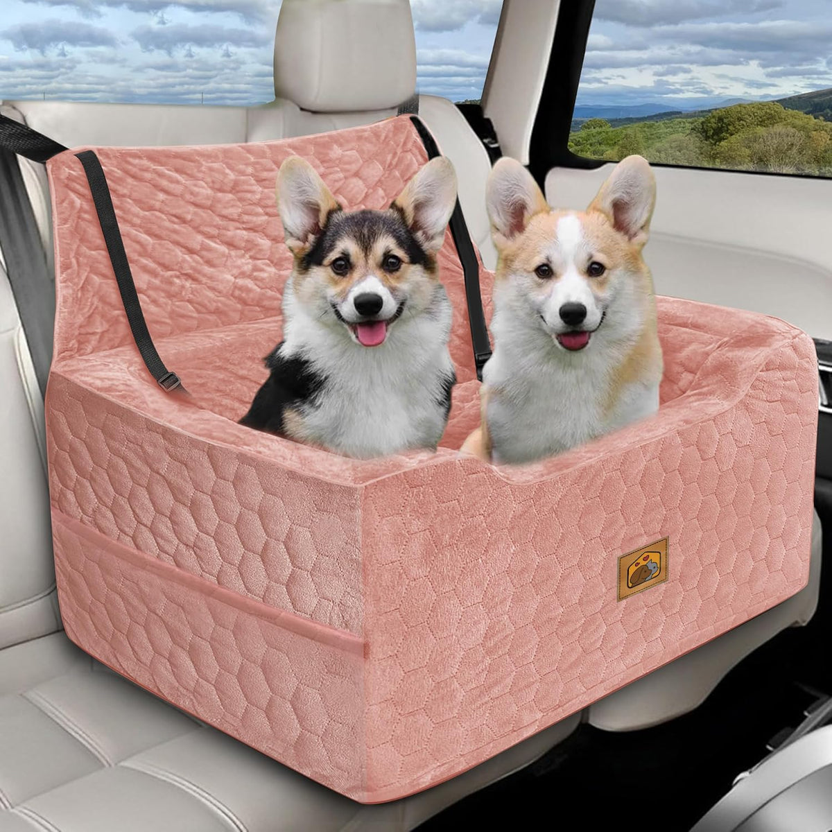Dog Car Seat for Small/Medium Dogs, Memory Foam Dog Booster Seat, Travel Safety Per Car Seat with Washable Removable Cover, Storage Pockets for Dogs up to 35 lbs