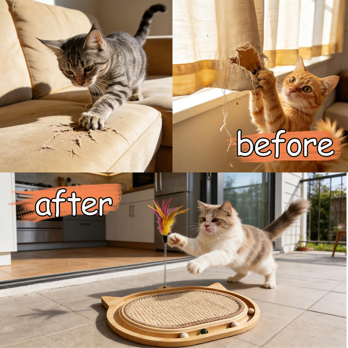 Sxtglxr Cat Scratcher with Ball Track Feather,Sisal Scratch Pad for Cat Indoor Use,Cat Puzzle Toys Wooden Interactive Fit Kitten and Adult Cats,Indoor Entertainment Chasing Hunting Physical Exercise