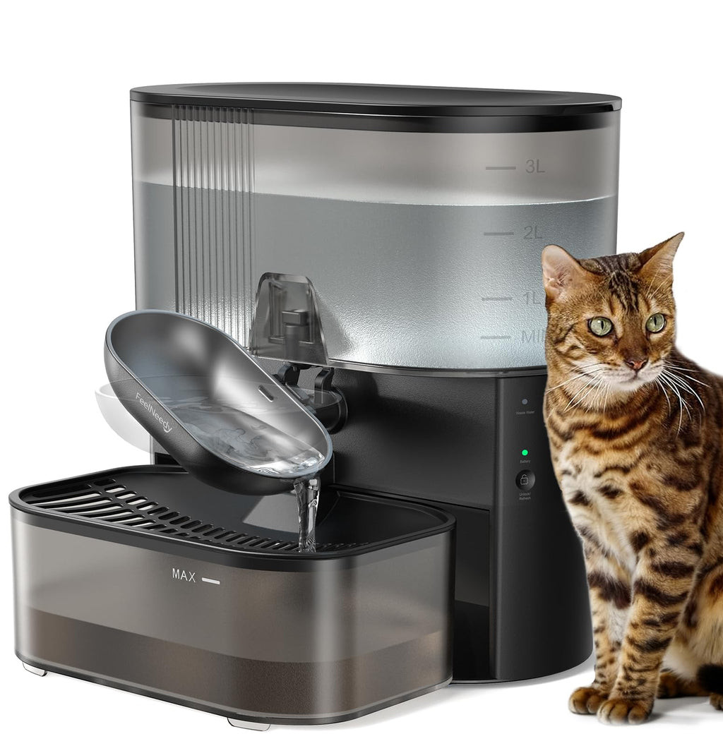 Wireless Cat Water Fountain No Filters, Wastewater Separation, FEELNEEDY Stainless Steel Bowl, 3.5L Pet Water Fountain for Cats & Dogs Dispenser, Black