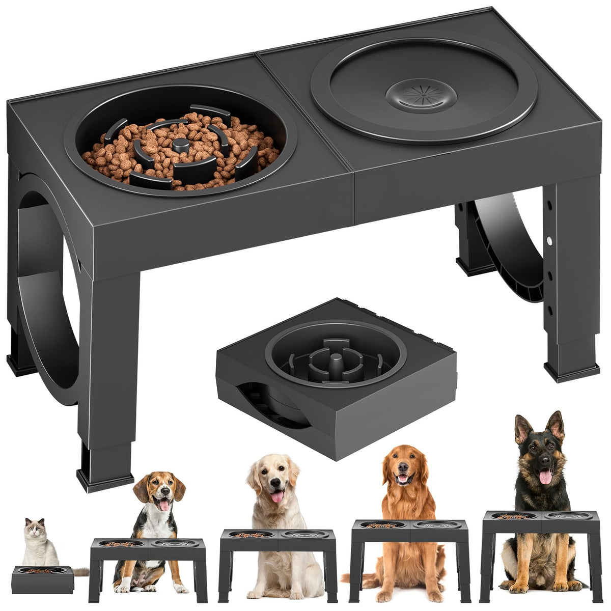 XIAZ Elevated Dog Bowls for Medium/Large Breeds, 4 Height-Adjustable Stainless Steel Dog Food & Water Bowls, No-Slip Portable Feeder for Travel