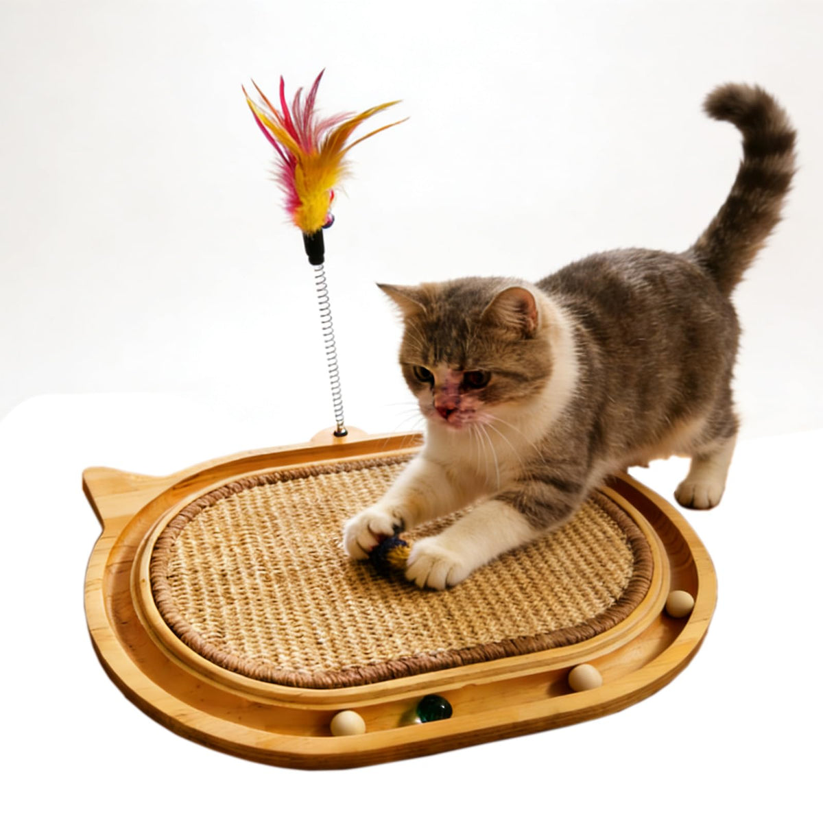 Sxtglxr Cat Scratcher with Ball Track Feather,Sisal Scratch Pad for Cat Indoor Use,Cat Puzzle Toys Wooden Interactive Fit Kitten and Adult Cats,Indoor Entertainment Chasing Hunting Physical Exercise