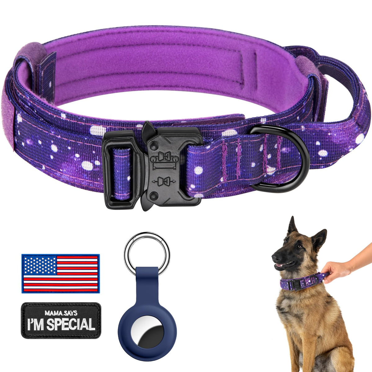 DAGANXI Tactical Dog Collar, Adjustable Military Training Nylon Dog Collar with Control Handle and Heavy Metal Buckle for Medium and Large Dogs, with Patches and Airtags Case