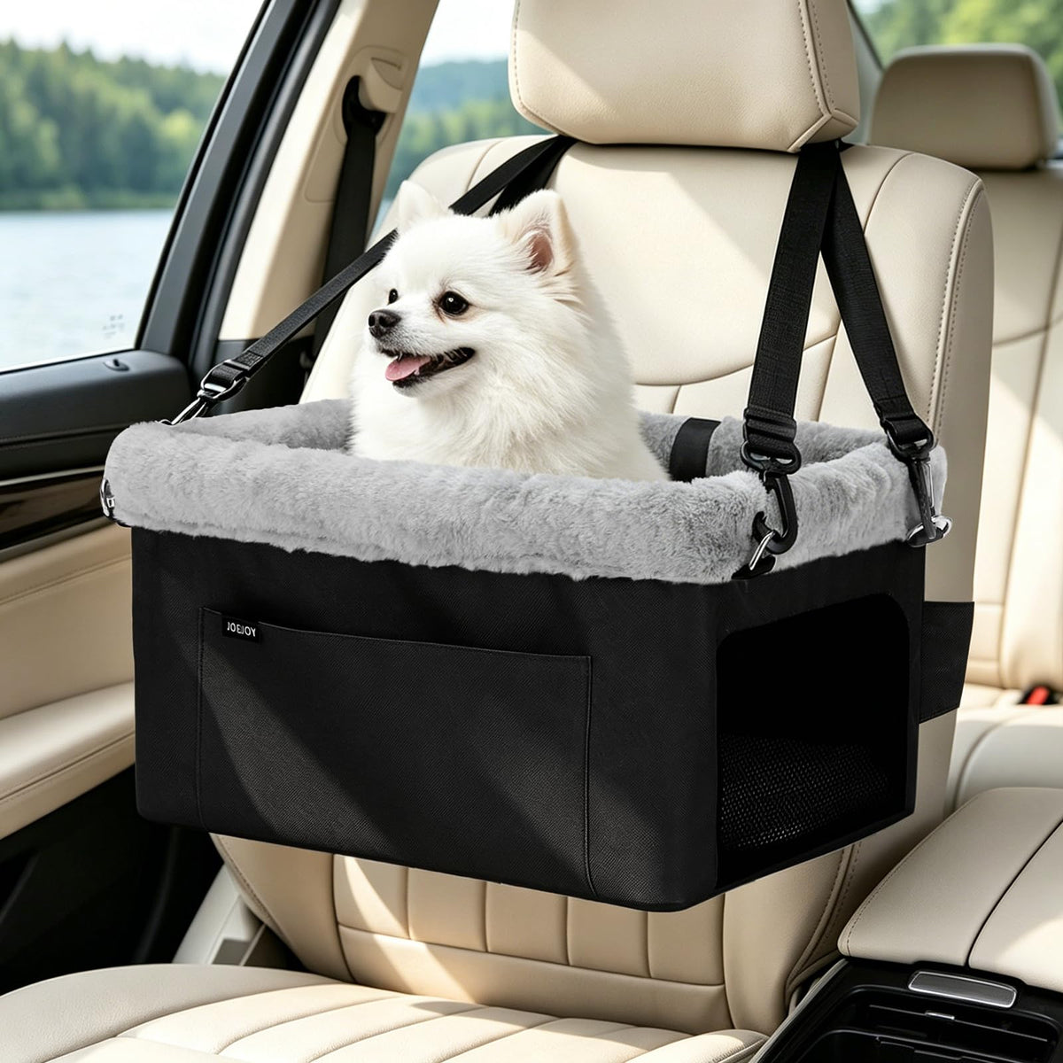 JOEJOY Deluxe Dog Booster Seat with Sturdy Metal Frame and Safety Leash for Small Pets up to 20 lbs - Portable Puppy Dog Car Seat with Thick Cushion and Storage Pockets for Small Dogs