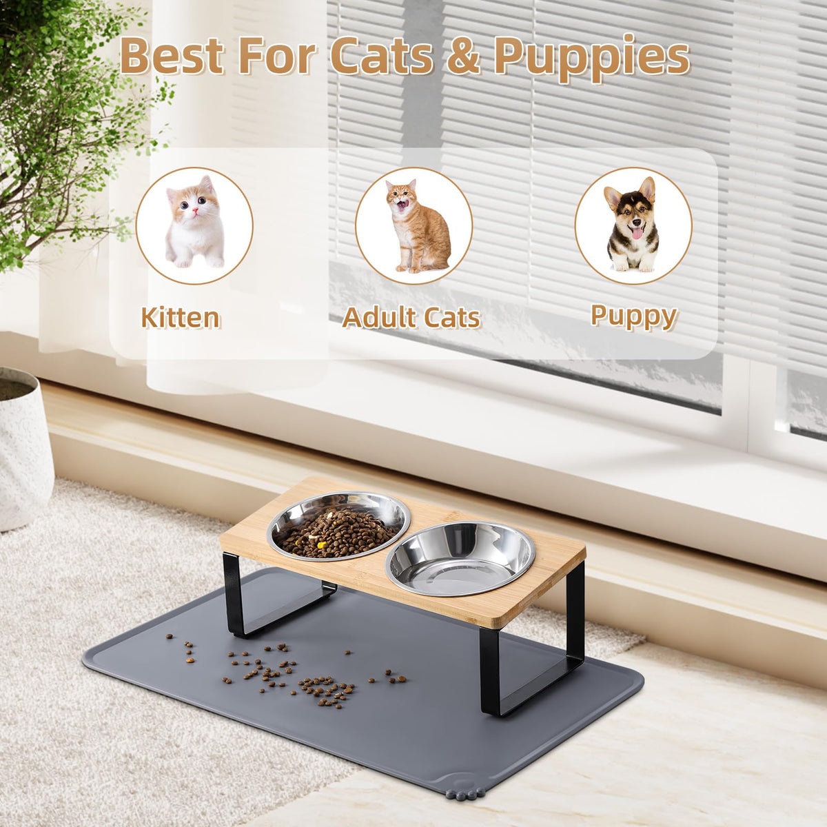 Summark Upgraded Elevated Raised Cat Bowls with Food Mat
