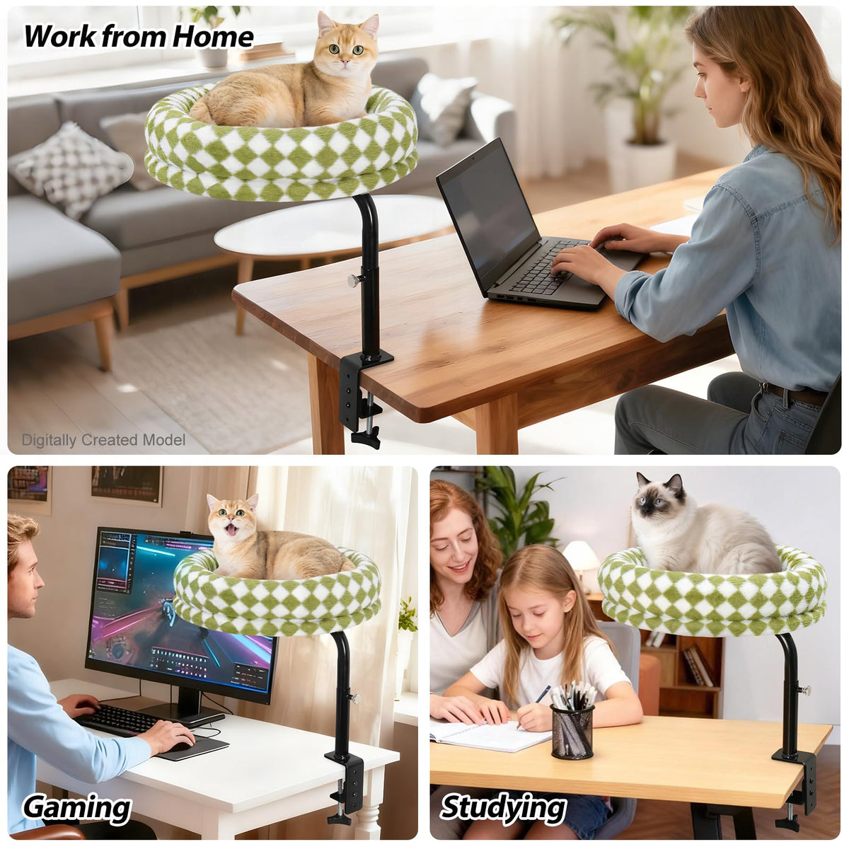 Sunhoo Cat Desk Beds 360° Rotating for Indoor Large Cats Perch Desk Nest Desktop Mount Height Adjustable