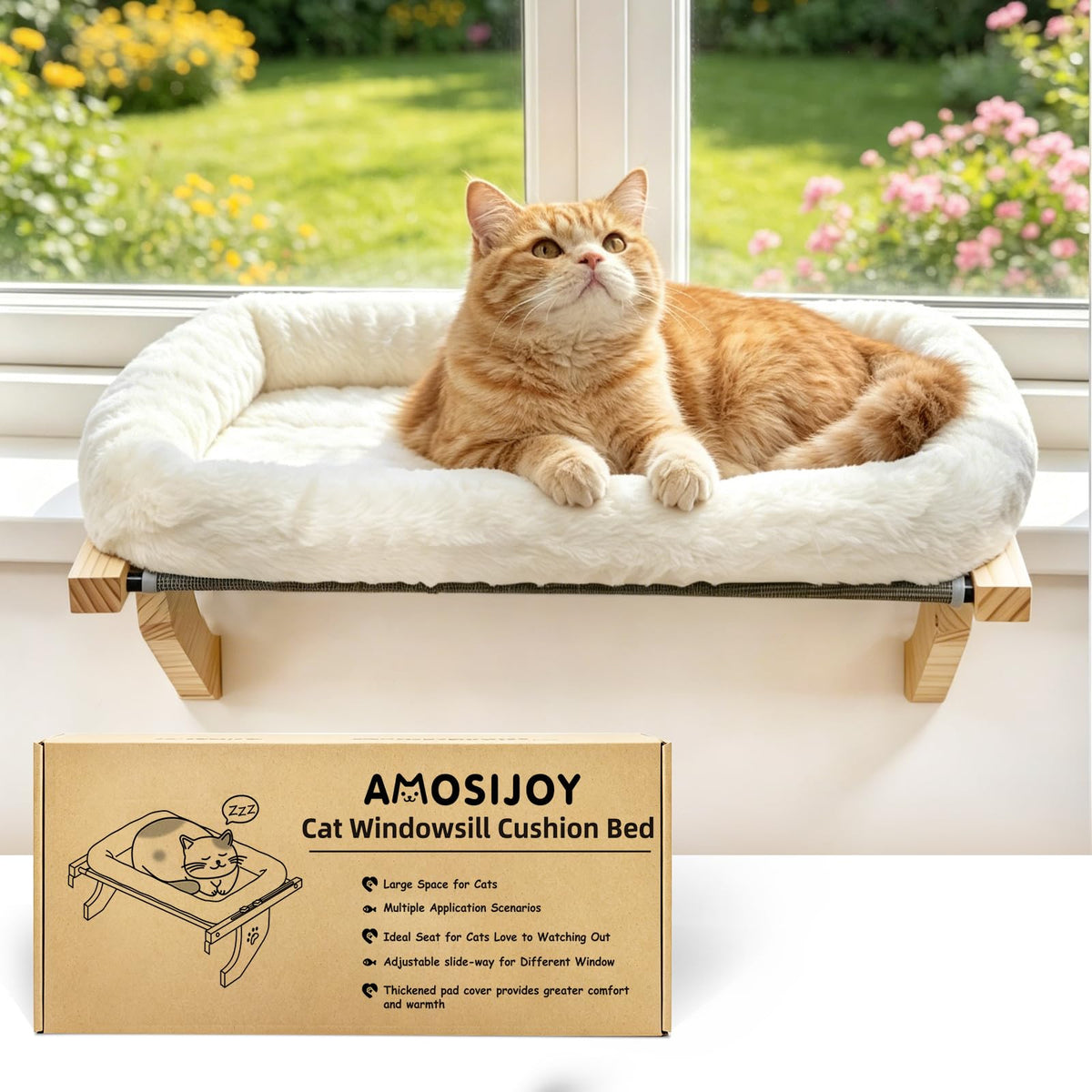 AMOSIJOY Wooden Cat Windowsill Perch with Zipper Cushion Bed