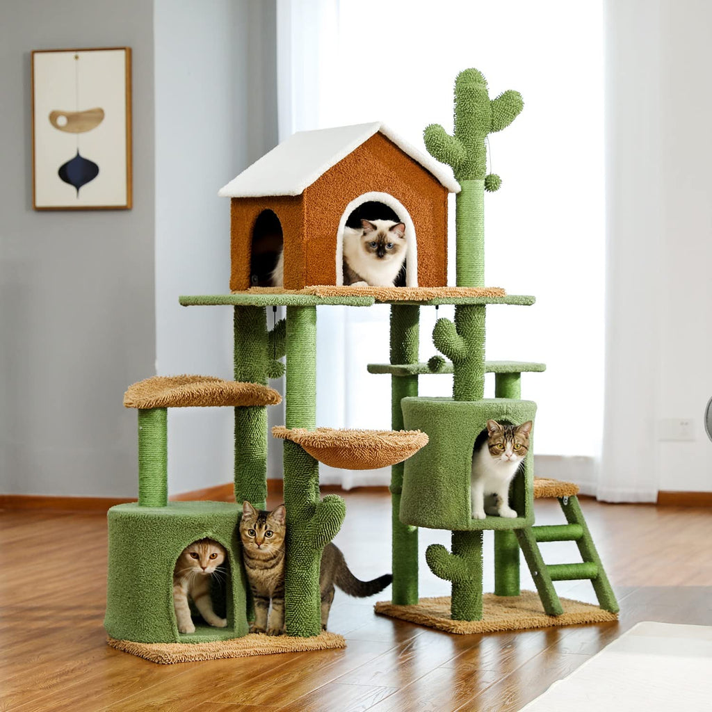3 in 1 Cat Tree Combination Cat's Tower with Scratching Post Cute Cactus House Furniture with Condo Nest Pet Scratcher