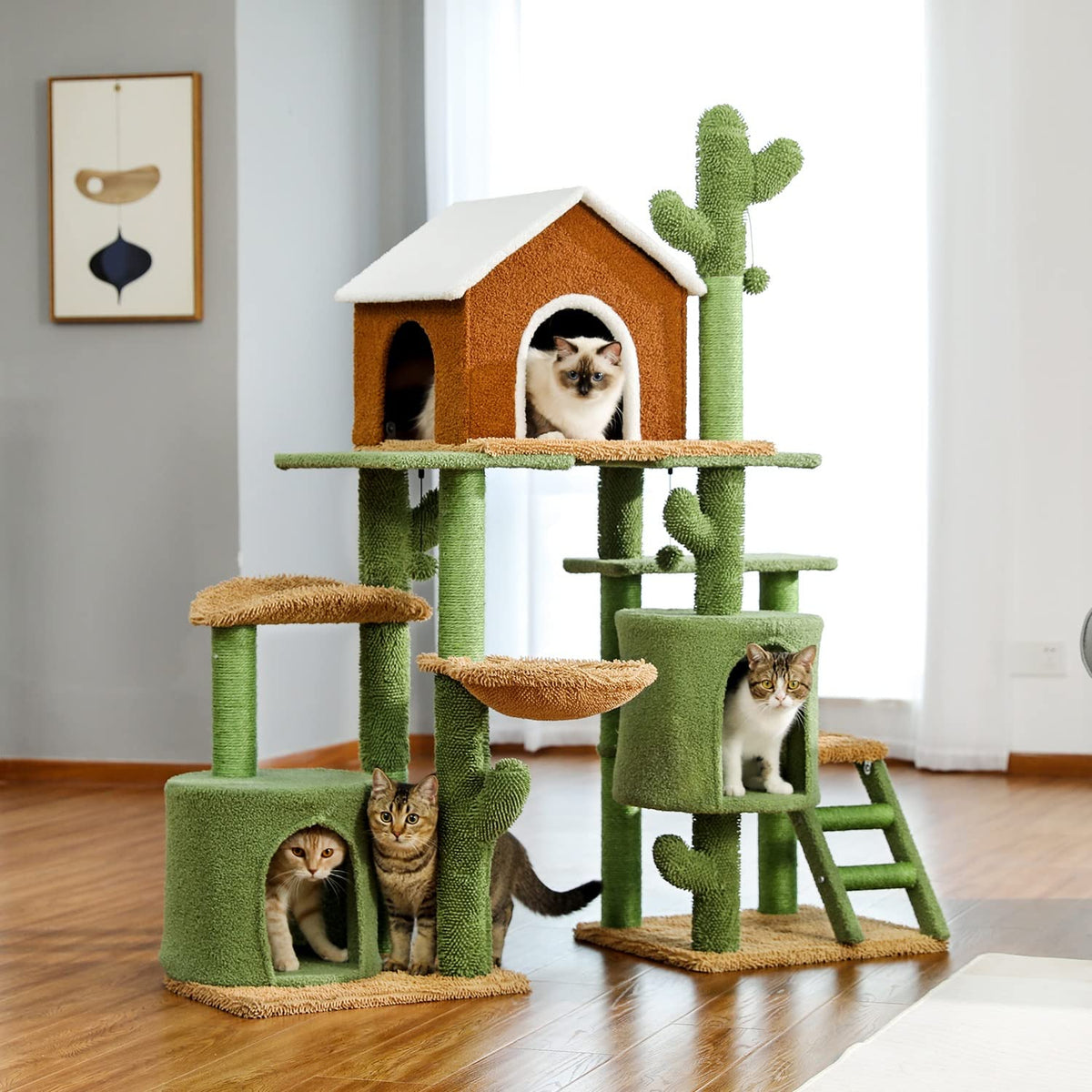 3 in 1 Cat Tree Combination Cat's Tower with Scratching Post Cute Cactus House Furniture with Condo Nest Pet Scratcher