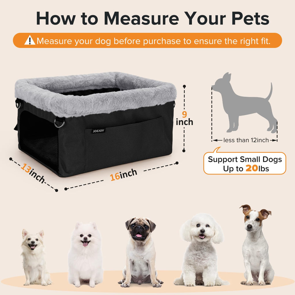 JOEJOY Deluxe Dog Booster Seat with Sturdy Metal Frame and Safety Leash for Small Pets up to 20 lbs - Portable Puppy Dog Car Seat with Thick Cushion and Storage Pockets for Small Dogs