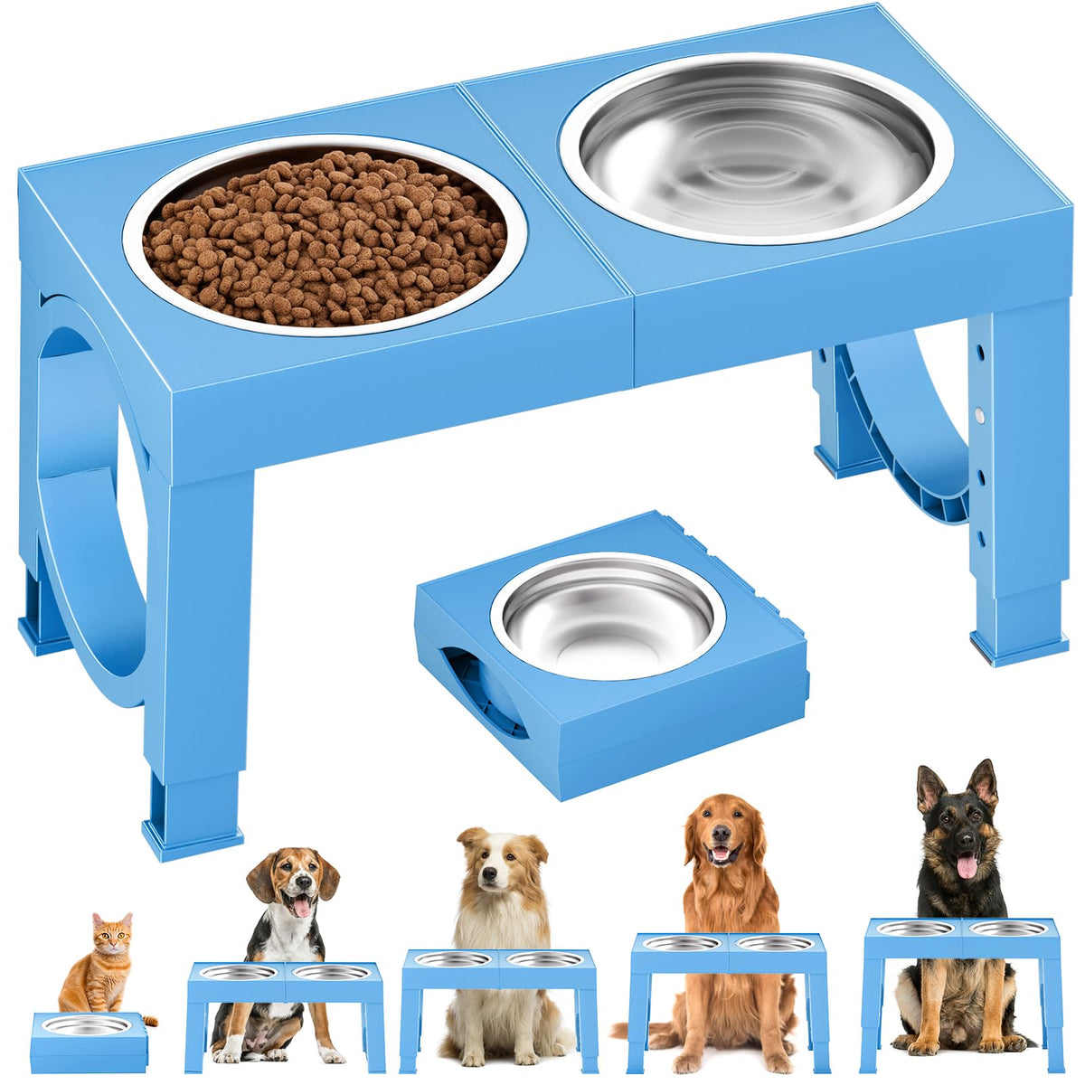 XIAZ Elevated Dog Bowls for Medium/Large Breeds, 4 Height-Adjustable Stainless Steel Dog Food & Water Bowls, No-Slip Portable Feeder for Travel