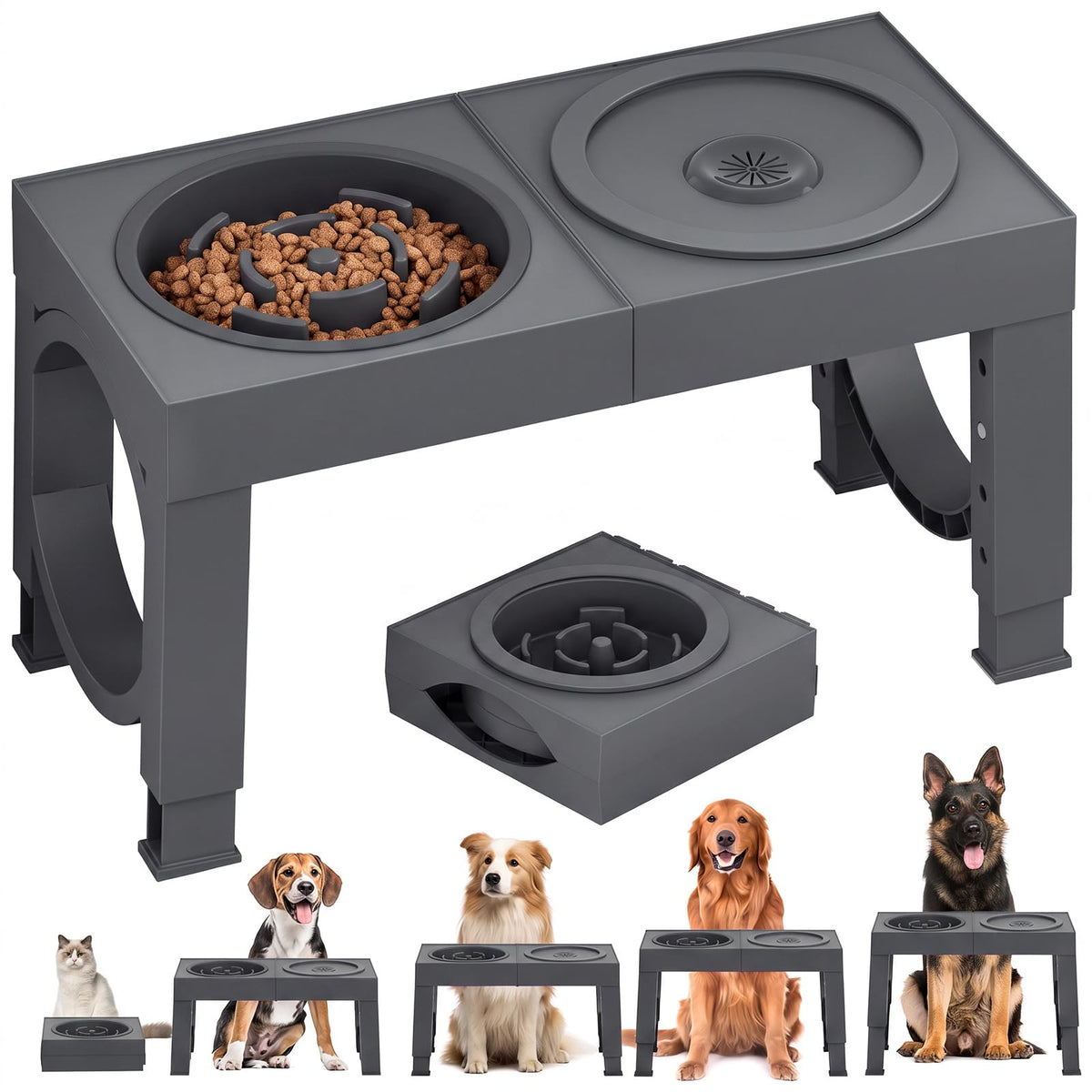 XIAZ Elevated Dog Bowls for Medium/Large Breeds, 4 Height-Adjustable Stainless Steel Dog Food & Water Bowls, No-Slip Portable Feeder for Travel