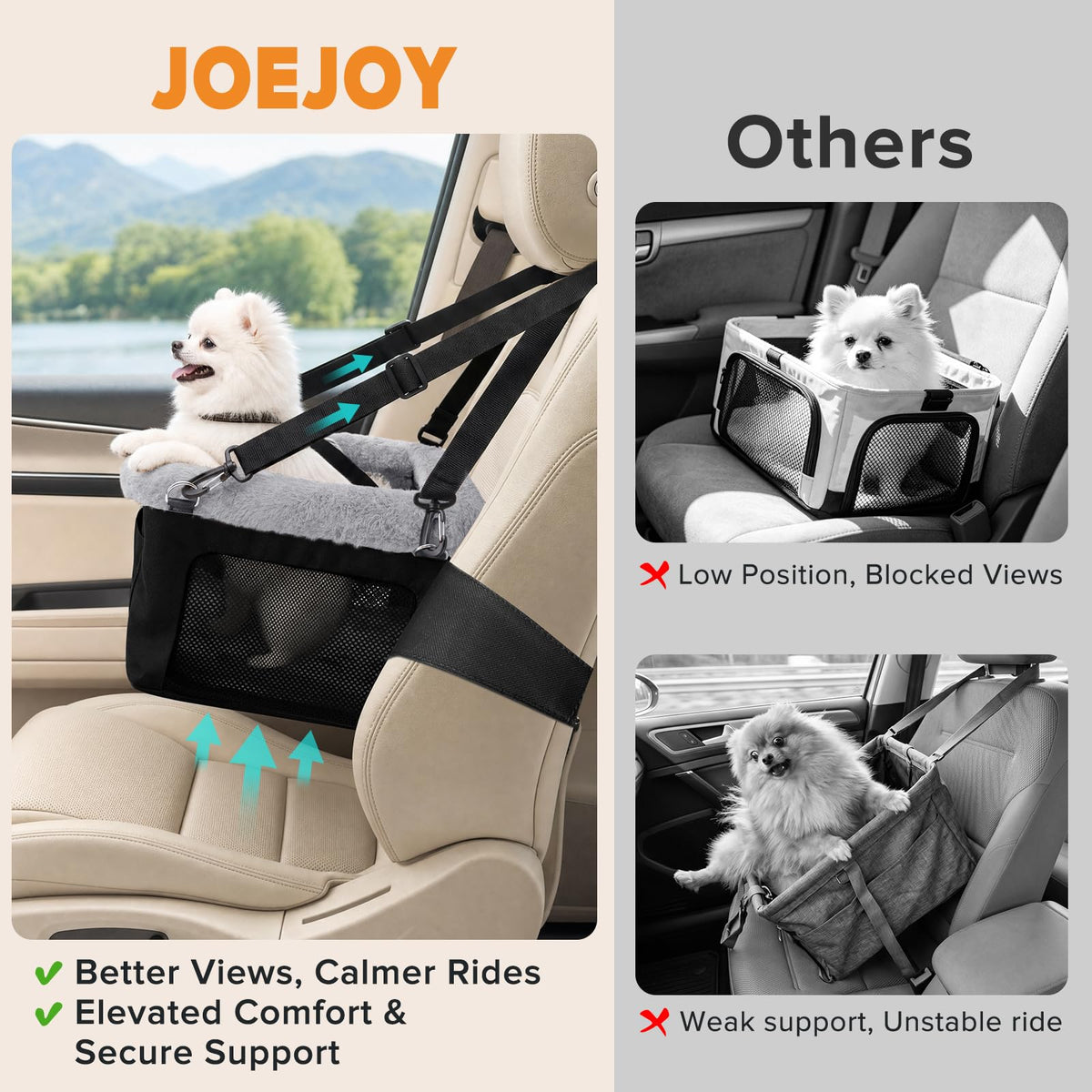 JOEJOY Deluxe Dog Booster Seat with Sturdy Metal Frame and Safety Leash for Small Pets up to 20 lbs - Portable Puppy Dog Car Seat with Thick Cushion and Storage Pockets for Small Dogs