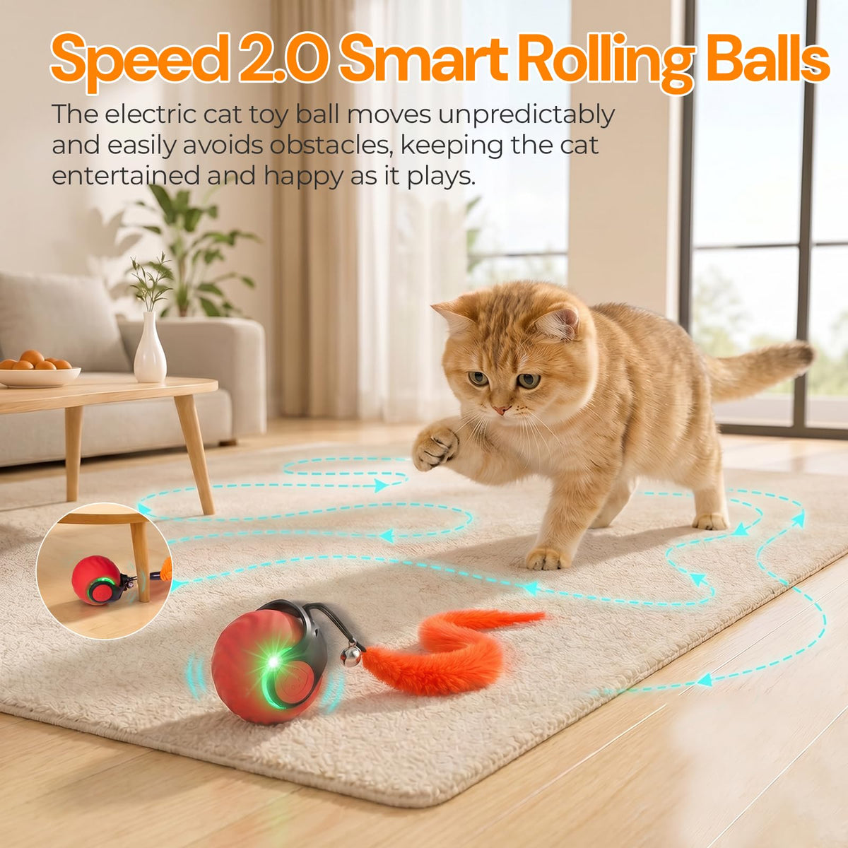 Interactive Cat Toys with Bird Sounds & 8 Speed Modes for Indoor Cats Play
