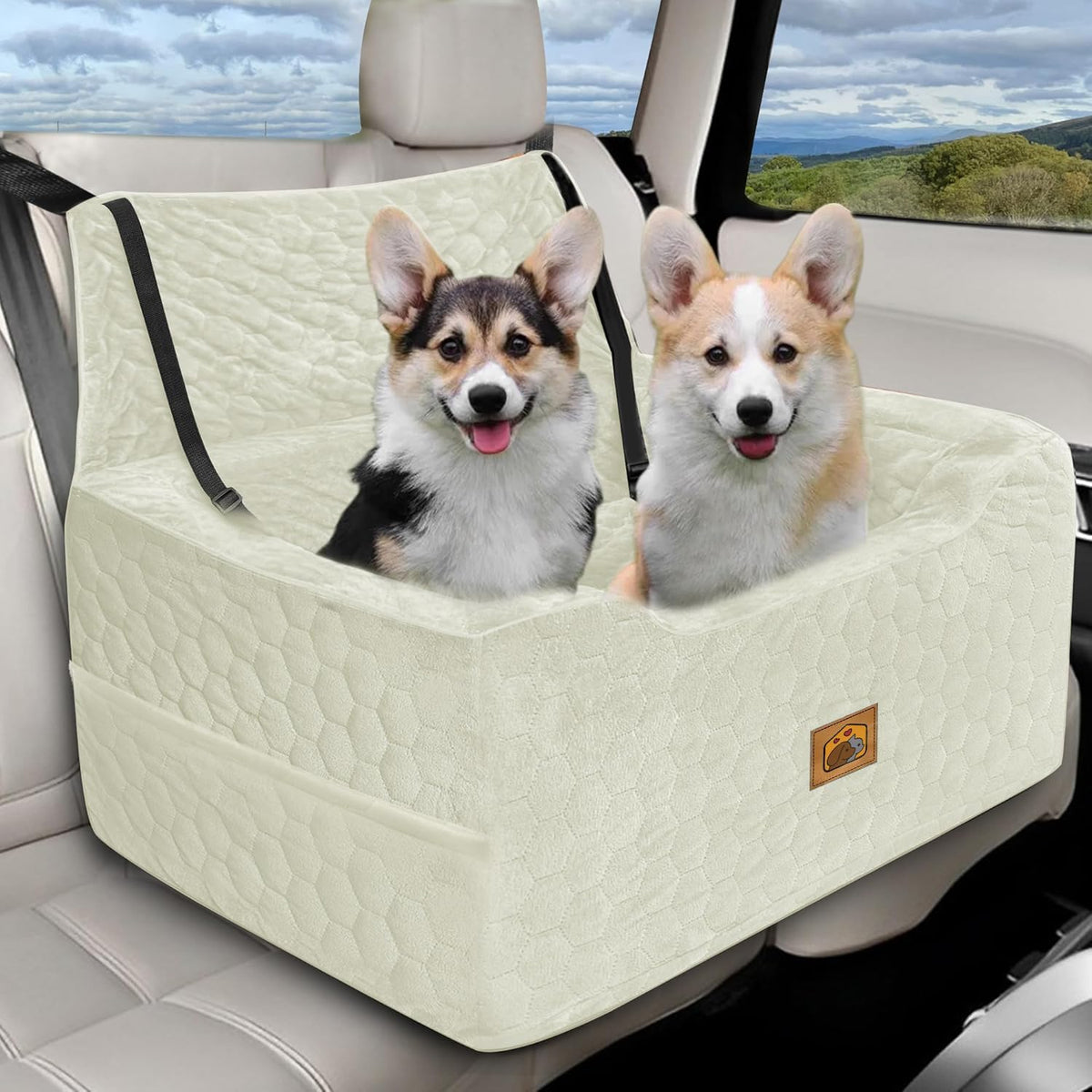 Dog Car Seat for Small/Medium Dogs, Memory Foam Dog Booster Seat, Travel Safety Per Car Seat with Washable Removable Cover, Storage Pockets for Dogs up to 35 lbs
