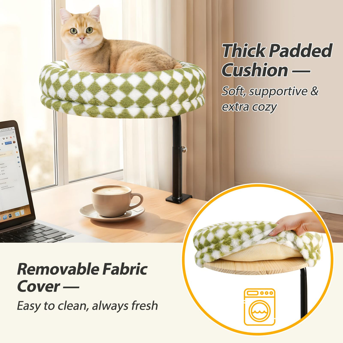 Sunhoo Cat Desk Beds 360° Rotating for Indoor Large Cats Perch Desk Nest Desktop Mount Height Adjustable