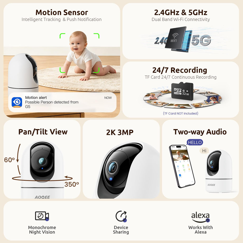 AOQEE 5G Cameras for Home Security Indoor, Pet Monitor w/Phone APP G5