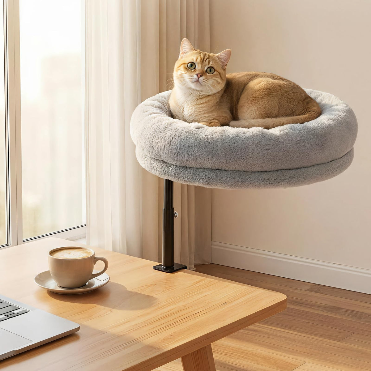 Sunhoo Cat Desk Beds 360° Rotating for Indoor Large Cats Perch Desk Nest Desktop Mount Height Adjustable