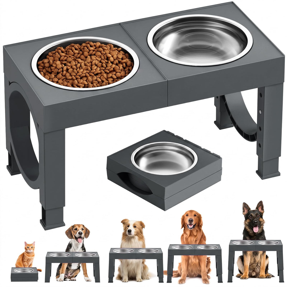 XIAZ Elevated Dog Bowls for Medium/Large Breeds, 4 Height-Adjustable Stainless Steel Dog Food & Water Bowls, No-Slip Portable Feeder for Travel
