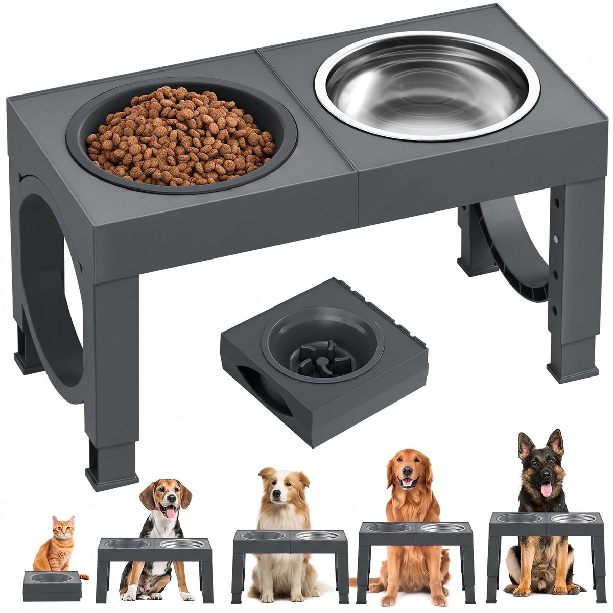 XIAZ Elevated Dog Bowls for Medium/Large Breeds, 4 Height-Adjustable Stainless Steel Dog Food & Water Bowls, No-Slip Portable Feeder for Travel