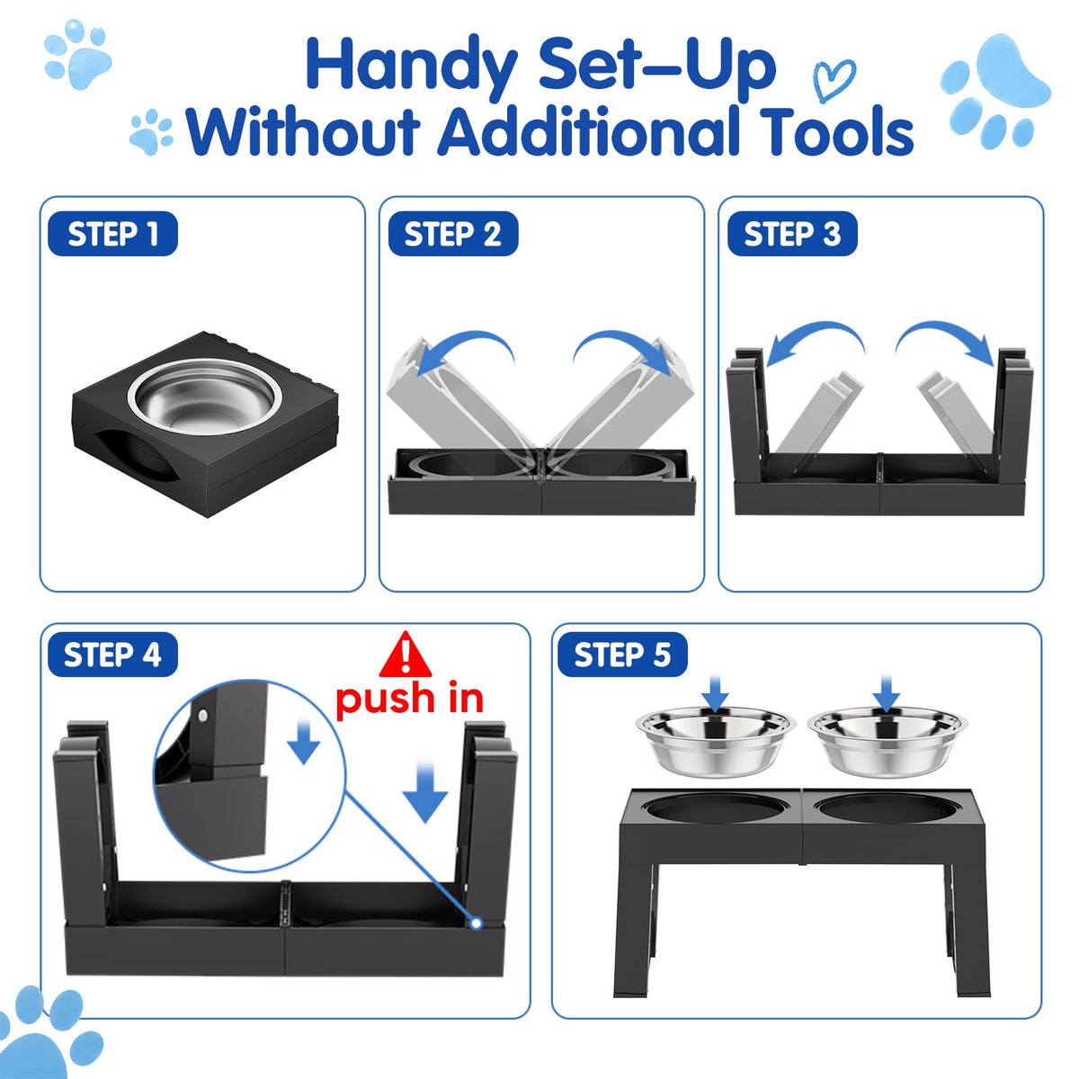 XIAZ Elevated Dog Bowls for Medium/Large Breeds, 4 Height-Adjustable Stainless Steel Dog Food & Water Bowls, No-Slip Portable Feeder for Travel