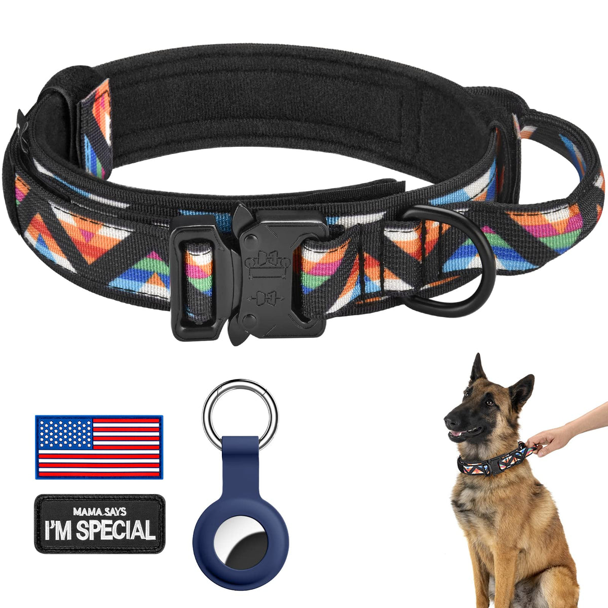 DAGANXI Tactical Dog Collar, Adjustable Military Training Nylon Dog Collar with Control Handle and Heavy Metal Buckle for Medium and Large Dogs, with Patches and Airtags Case