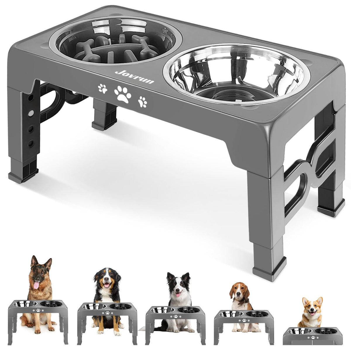 Jovrun Elevated Dog Bowls for Medium Large Size Dogs, Non-Slip Dog Feeder with 1*Stainless Steel Dishes & 1*Slow Feeder Bowl, 5 Heights Adjustable Raised Bowls to 3.15″-8.66″-9.84″-11.02″-12.2″