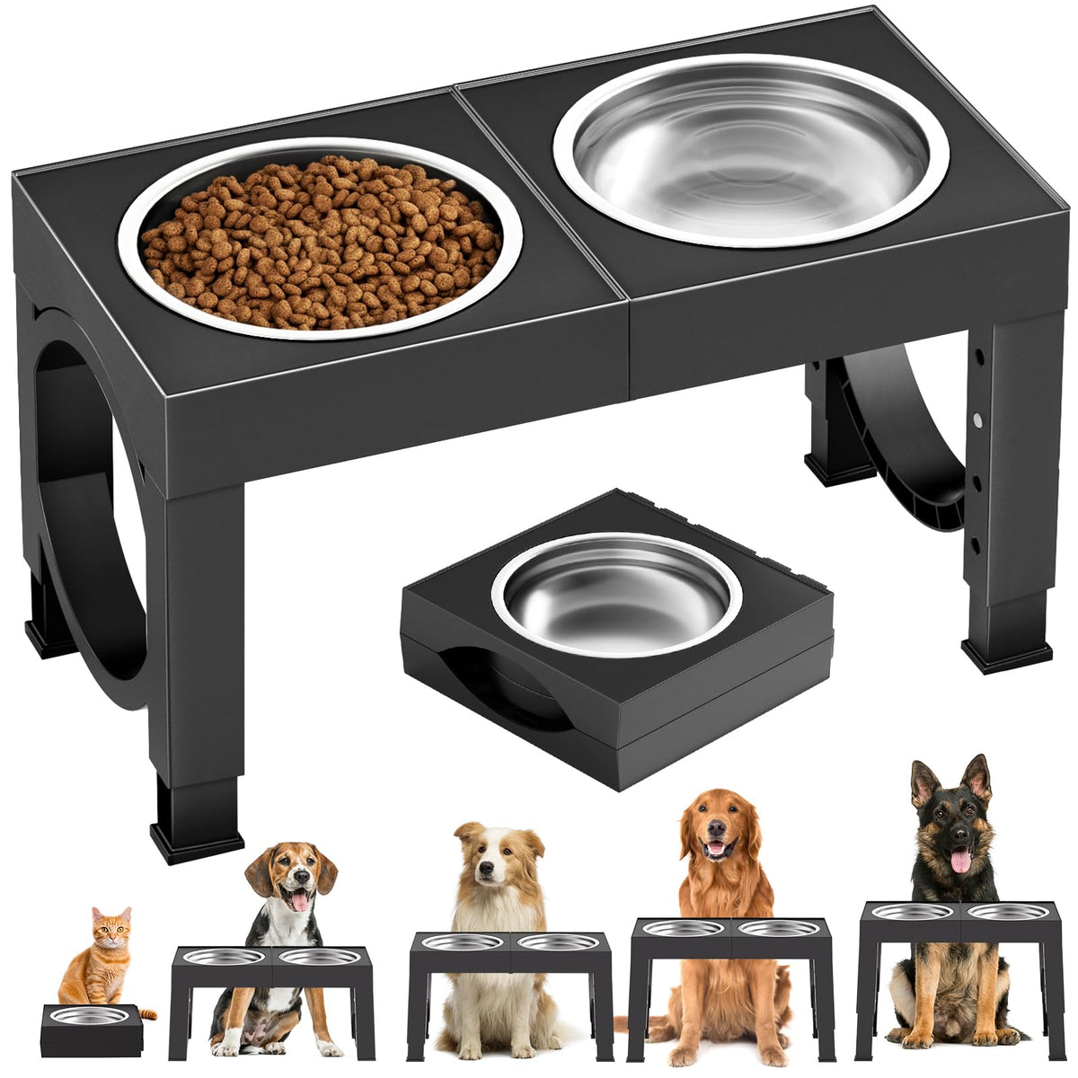 XIAZ Elevated Dog Bowls for Medium/Large Breeds, 4 Height-Adjustable Stainless Steel Dog Food & Water Bowls, No-Slip Portable Feeder for Travel