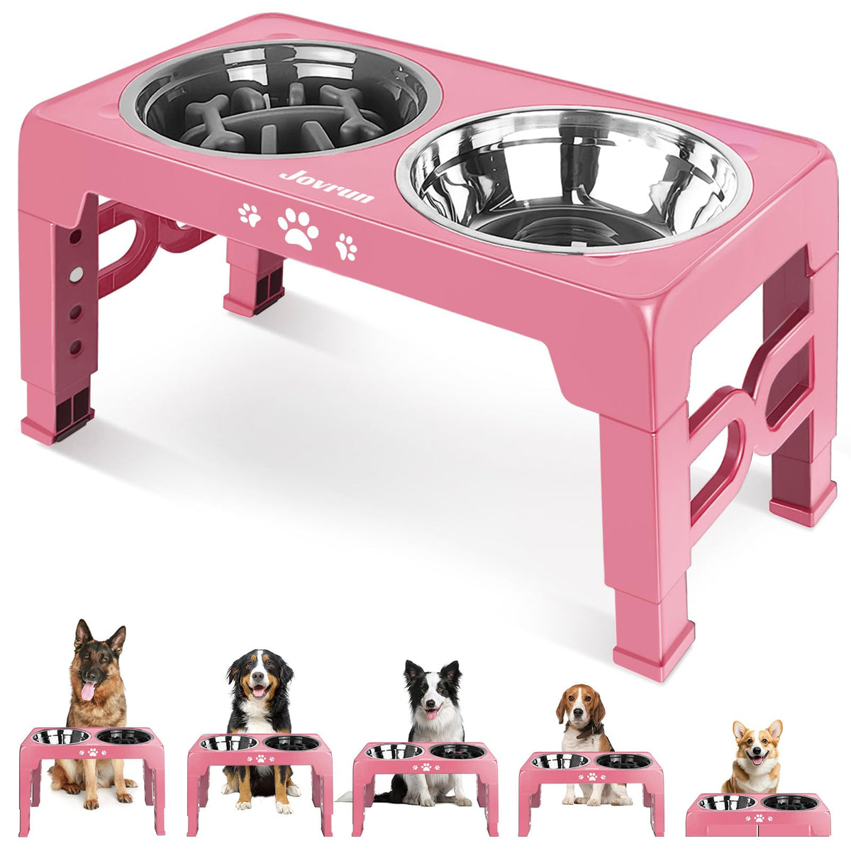 Jovrun Elevated Dog Bowls for Medium Large Size Dogs, Non-Slip Dog Feeder with 1*Stainless Steel Dishes & 1*Slow Feeder Bowl, 5 Heights Adjustable Raised Bowls to 3.15″-8.66″-9.84″-11.02″-12.2″