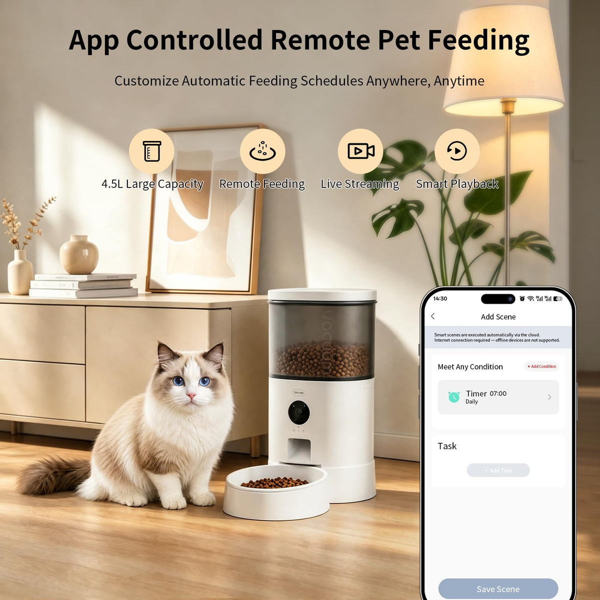 DOUDOU PET Automatic Cat Feeder, 5G&2.4G WiFi Pet Feeders, 4.5L Programmable Cat Food Dispenser with Airtight Lock-Fresh Technology,Equipped with a Ceramic Bowl and a Low Food Level Sensor