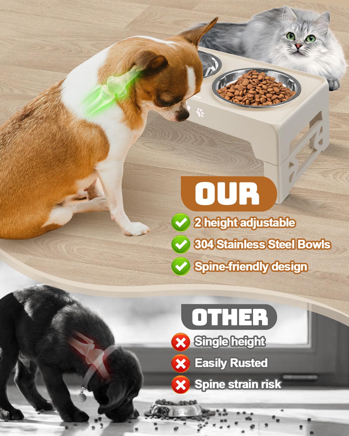 Jovrun Elevated Dog Bowls for Medium Large Size Dogs, Non-Slip Dog Feeder with 1*Stainless Steel Dishes & 1*Slow Feeder Bowl, 5 Heights Adjustable Raised Bowls to 3.15″-8.66″-9.84″-11.02″-12.2″