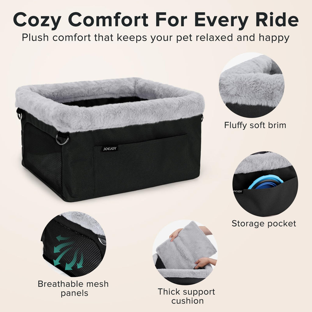 JOEJOY Deluxe Dog Booster Seat with Sturdy Metal Frame and Safety Leash for Small Pets up to 20 lbs - Portable Puppy Dog Car Seat with Thick Cushion and Storage Pockets for Small Dogs