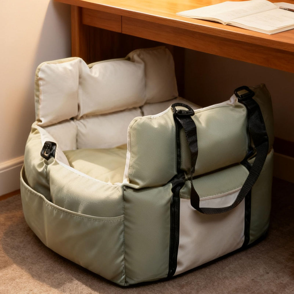 Soft Dog Car Seat Bed for Small Dogs Cats Under 25 lbs Portable Travel Pet Carrier with Storage Pockets Green Beige