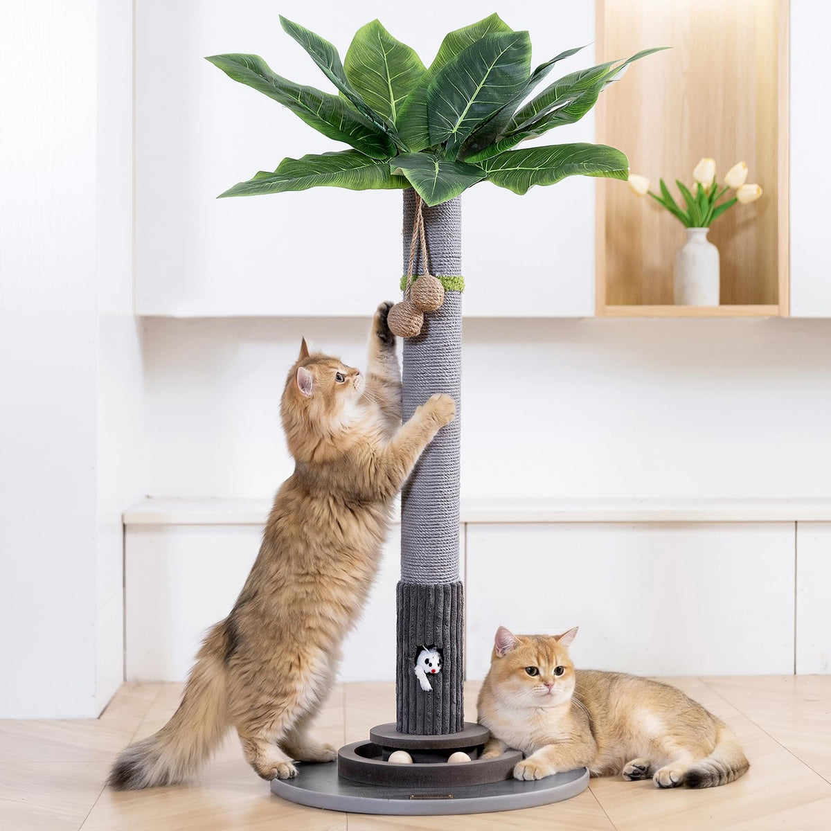 WOOCHPET Cat Scratching Post for Indoor Cats 35" Tall, Sisal Cat Scratcher with Mouse Toy and Track Balls, Wooden Base