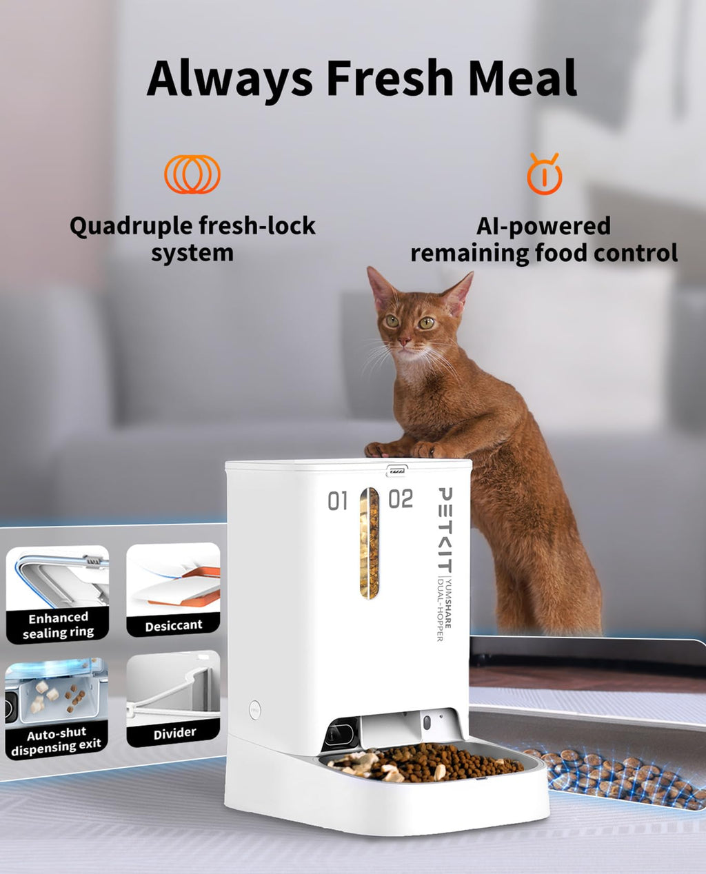 PETKIT Automatic Cat Feeder with Camera, 1080P HD Video with Night Vision, 2.4G WiFi Pet Feeder for Cat & Small Dog, 2-Way Audio & Meal Call Pet Food Dispenser with Desiccant Bag, Motion Capturing