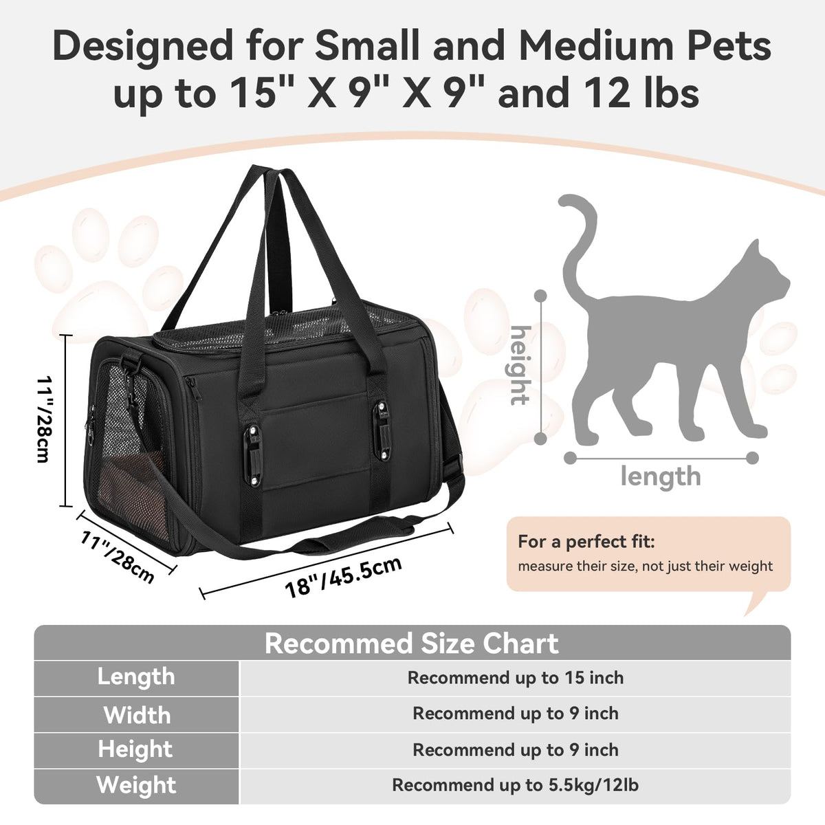 Petsfit 18 X 11 X 11 Airline Approved & Cat Car Carrier, with Patent Safety Buckles & Lockable Zippers Preventing Escapes, Breathable Mesh & Padded Mat — Portable, Stress-Free Travel Carrier