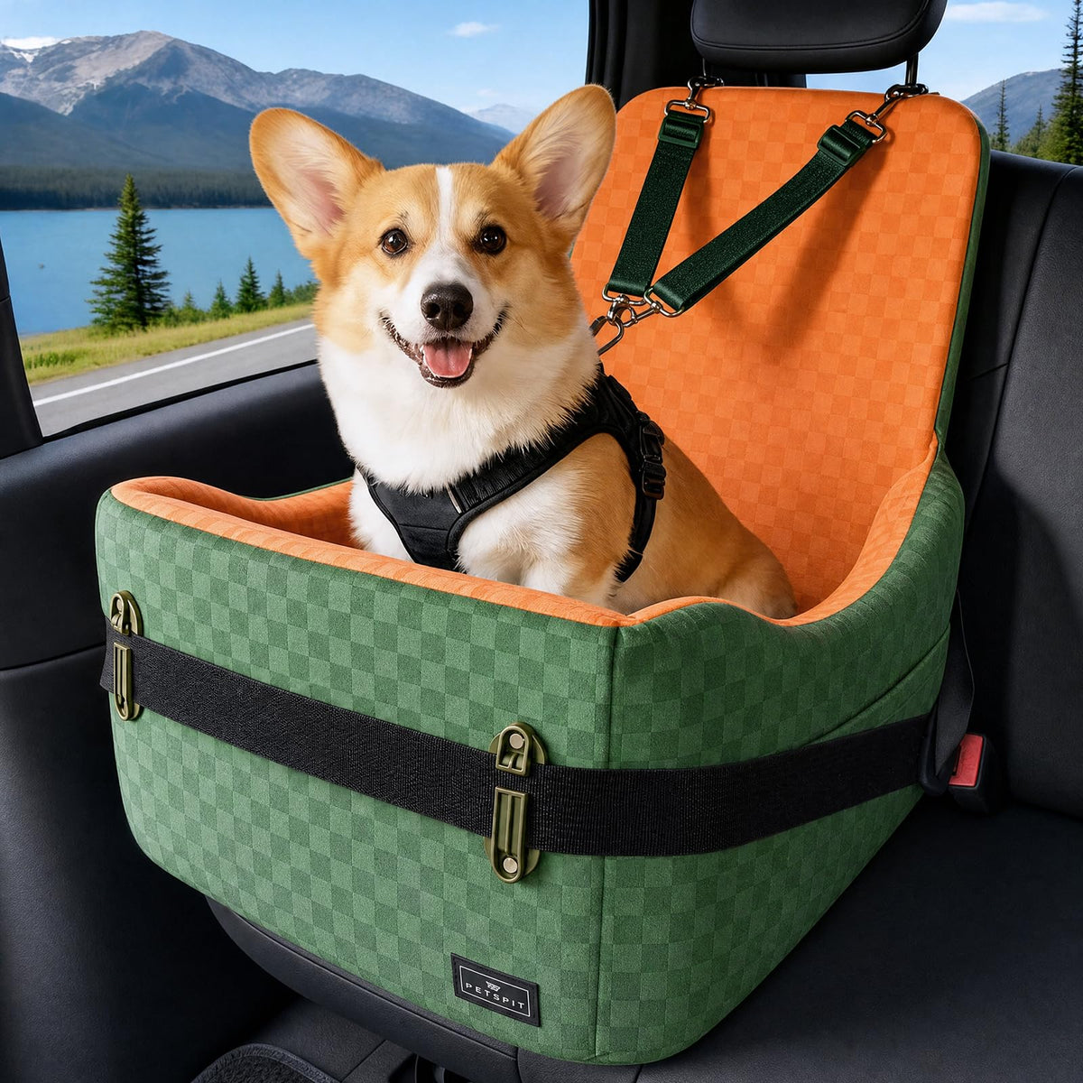 PETSFIT Dog Booster Car Seat for Small/Medium Dogs Up to 35 lbs – Patented Safety System, 5" Memory Foam Pet Car Seat, Fully Detachable and Washable Cover