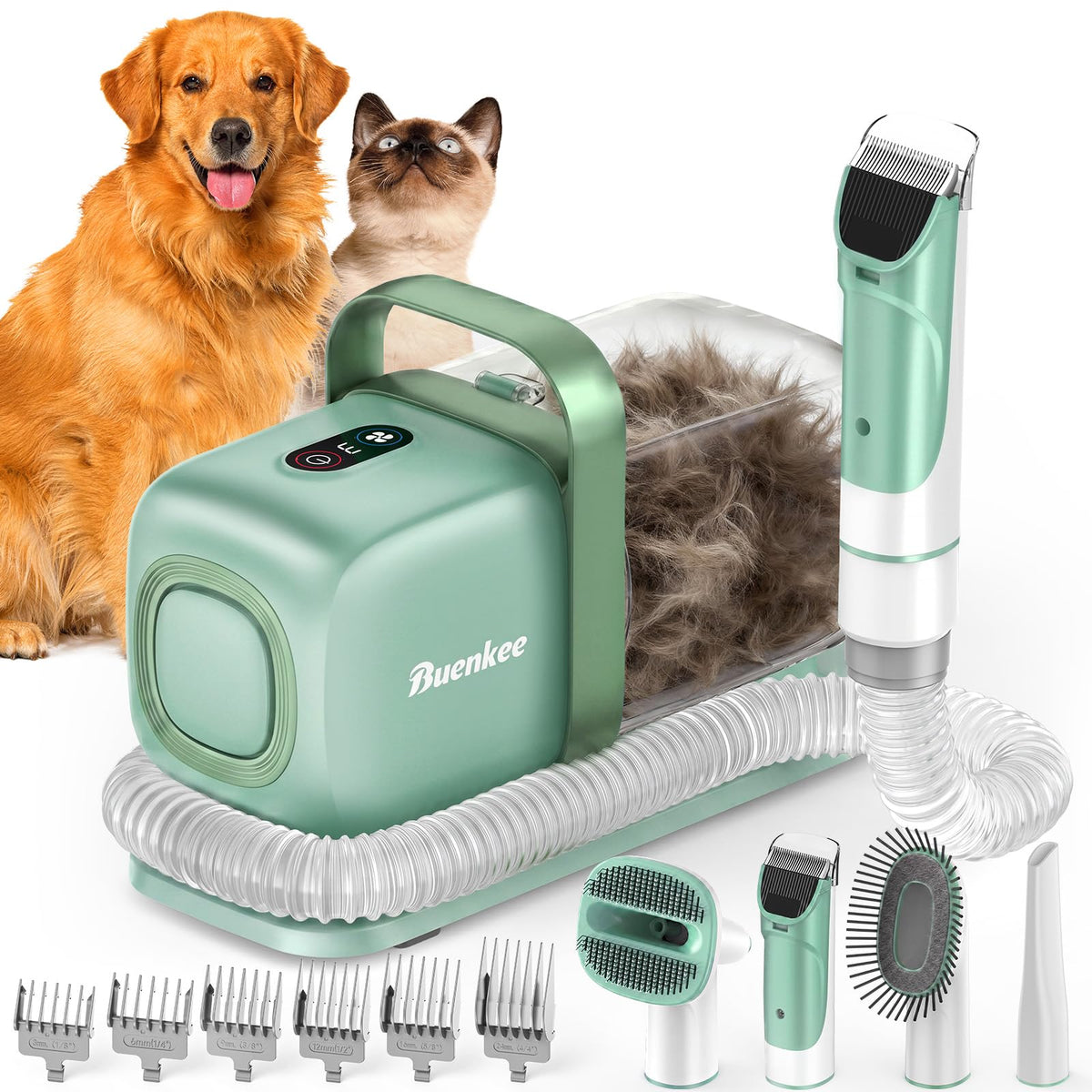 buenkee Dog Grooming Kit with Vacuum, 15000Pa Pet Hair Clipper and Shedding Brush, 50dB Low Noise, 2L Capacity, White