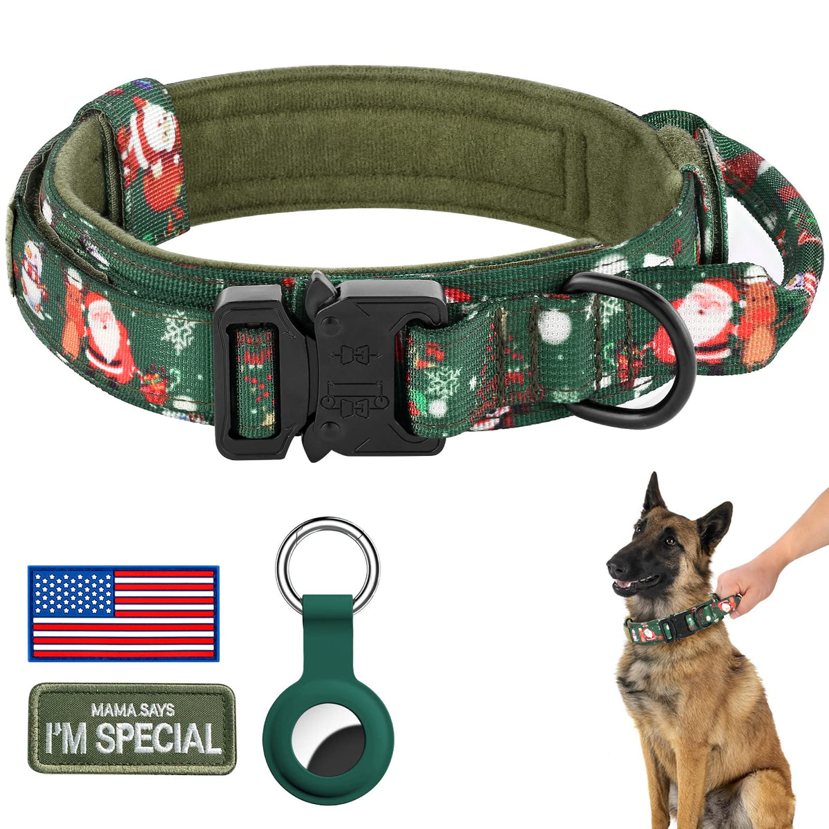 DAGANXI Tactical Dog Collar, Adjustable Military Training Nylon Dog Collar with Control Handle and Heavy Metal Buckle for Medium and Large Dogs, with Patches and Airtags Case