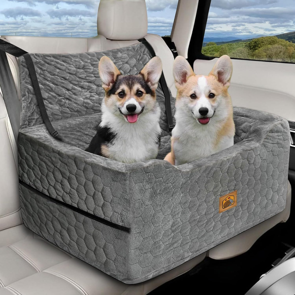 Dog Car Seat for Small/Medium Dogs, Memory Foam Dog Booster Seat, Travel Safety Per Car Seat with Washable Removable Cover, Storage Pockets for Dogs up to 35 lbs