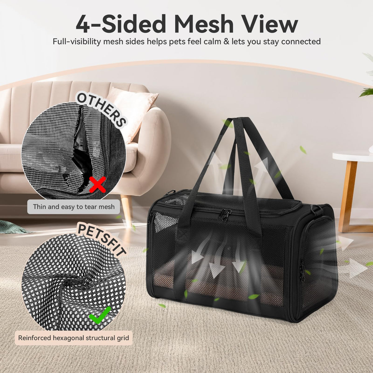 Petsfit 18 X 11 X 11 Airline Approved & Cat Car Carrier, with Patent Safety Buckles & Lockable Zippers Preventing Escapes, Breathable Mesh & Padded Mat — Portable, Stress-Free Travel Carrier