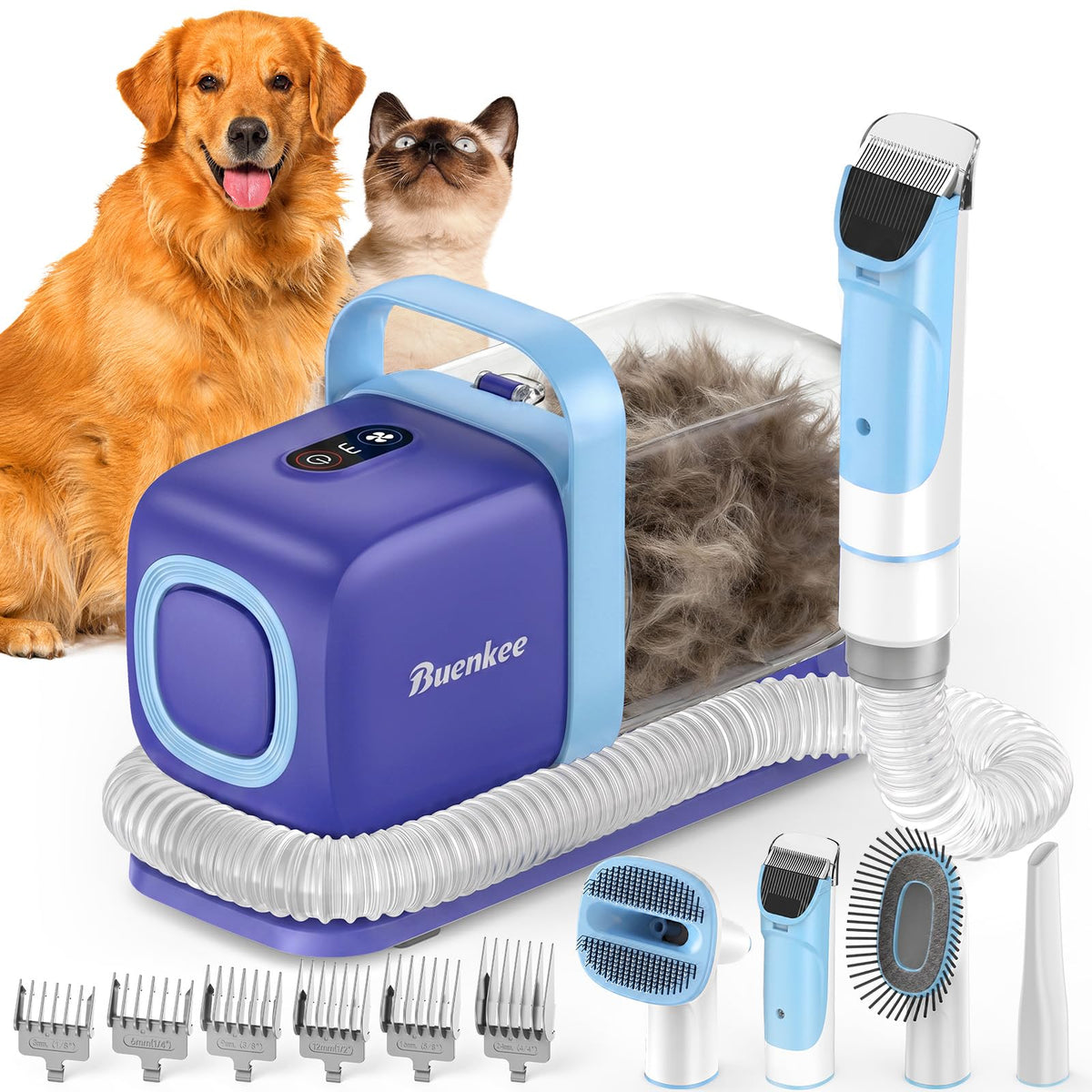 buenkee Dog Grooming Kit with Vacuum, 15000Pa Pet Hair Clipper and Shedding Brush, 50dB Low Noise, 2L Capacity, White