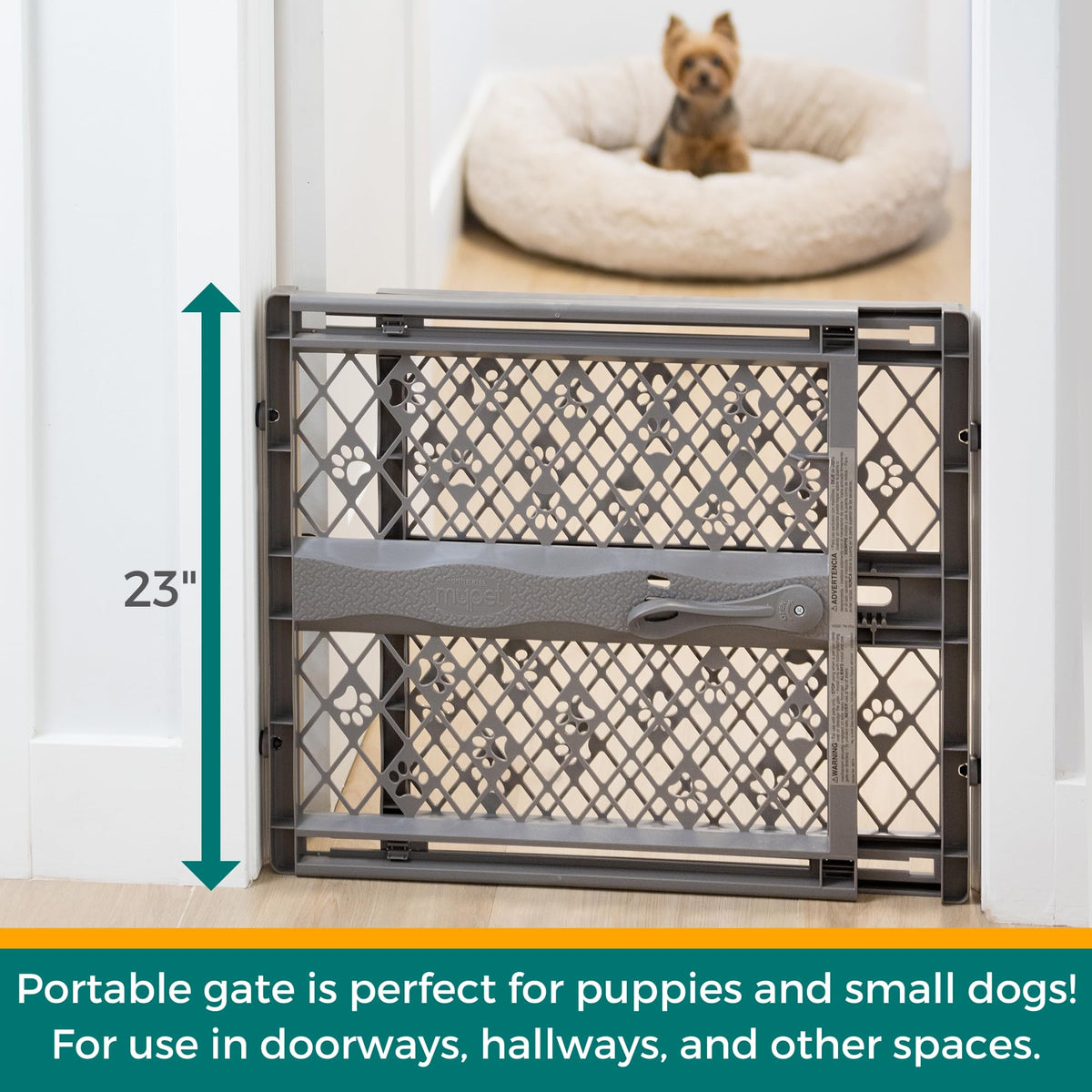 MYPET Paws Portable Pet Gate: 26-40" Wide Expandable, Pressure Mounted No Tools Needed, Durable Dog Gate for Doorways, Made in USA, 23" Tall