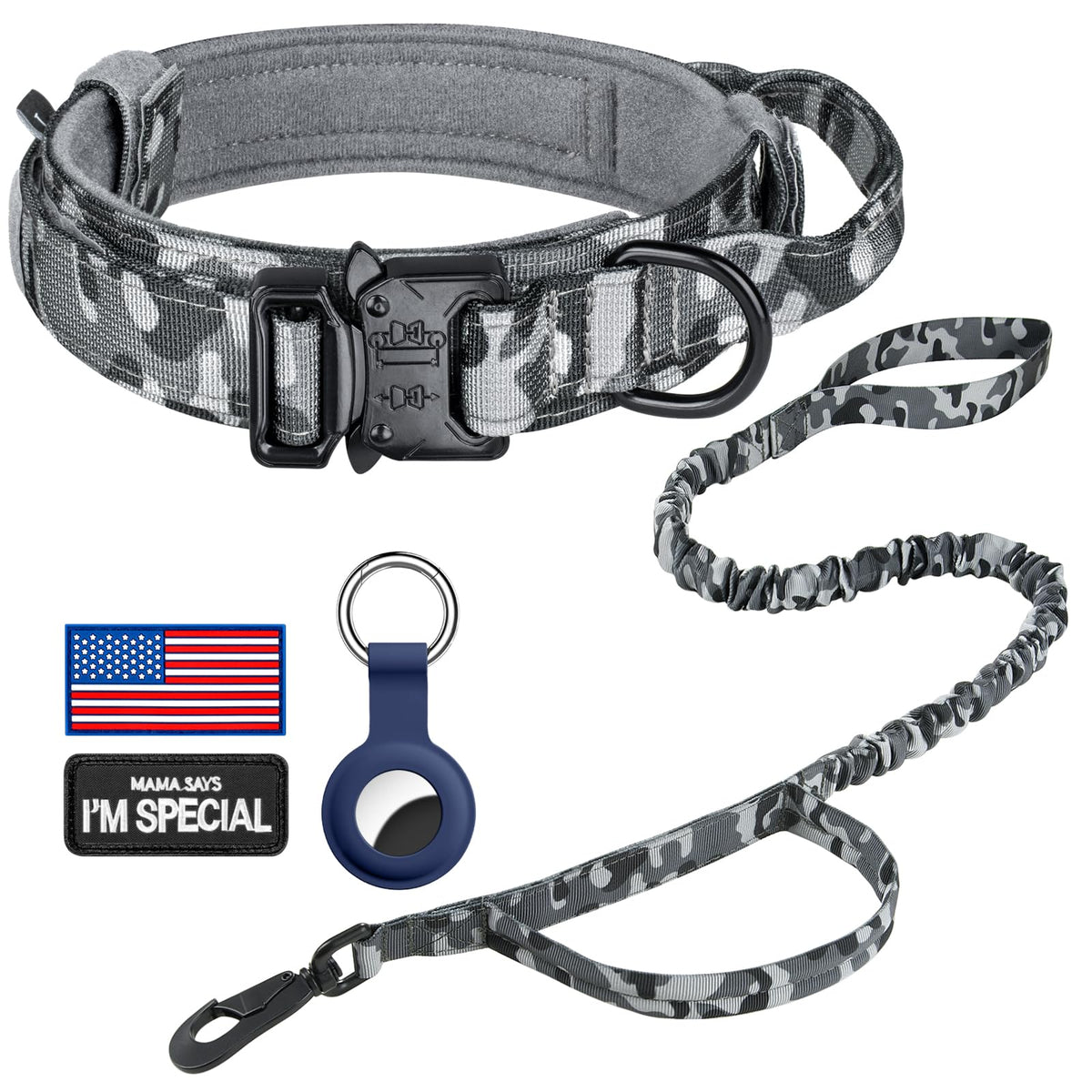 DAGANXI Tactical Dog Collar, Adjustable Military Training Nylon Dog Collar with Control Handle and Heavy Metal Buckle for Medium and Large Dogs, with Patches and Airtags Case