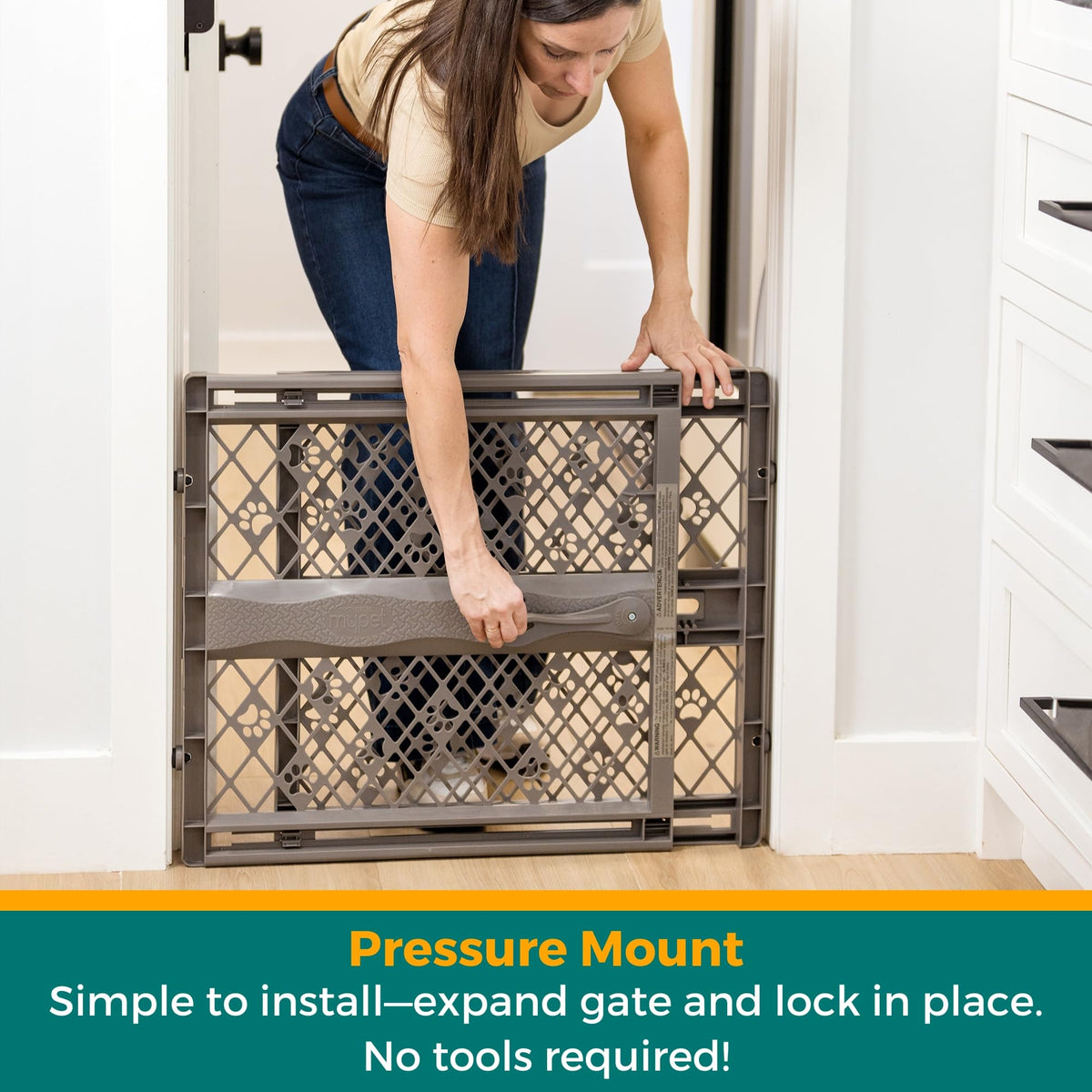 MYPET Paws Portable Pet Gate: 26-40" Wide Expandable, Pressure Mounted No Tools Needed, Durable Dog Gate for Doorways, Made in USA, 23" Tall