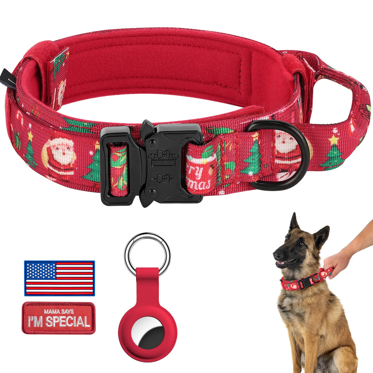 DAGANXI Tactical Dog Collar, Adjustable Military Training Nylon Dog Collar with Control Handle and Heavy Metal Buckle for Medium and Large Dogs, with Patches and Airtags Case