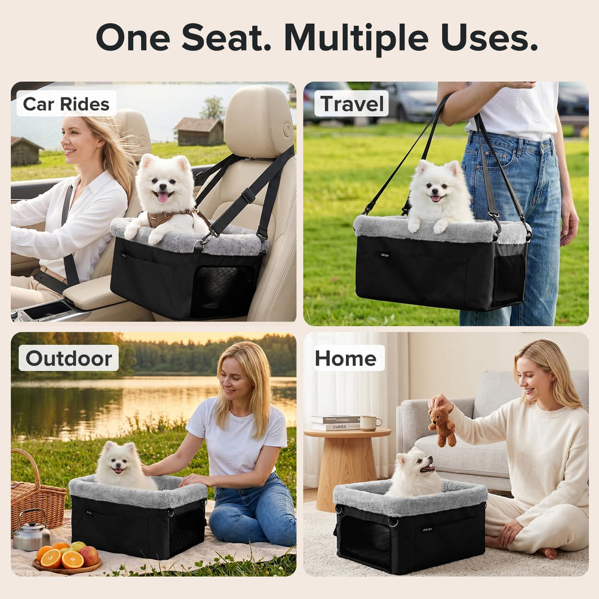 JOEJOY Deluxe Dog Booster Seat with Sturdy Metal Frame and Safety Leash for Small Pets up to 20 lbs - Portable Puppy Dog Car Seat with Thick Cushion and Storage Pockets for Small Dogs