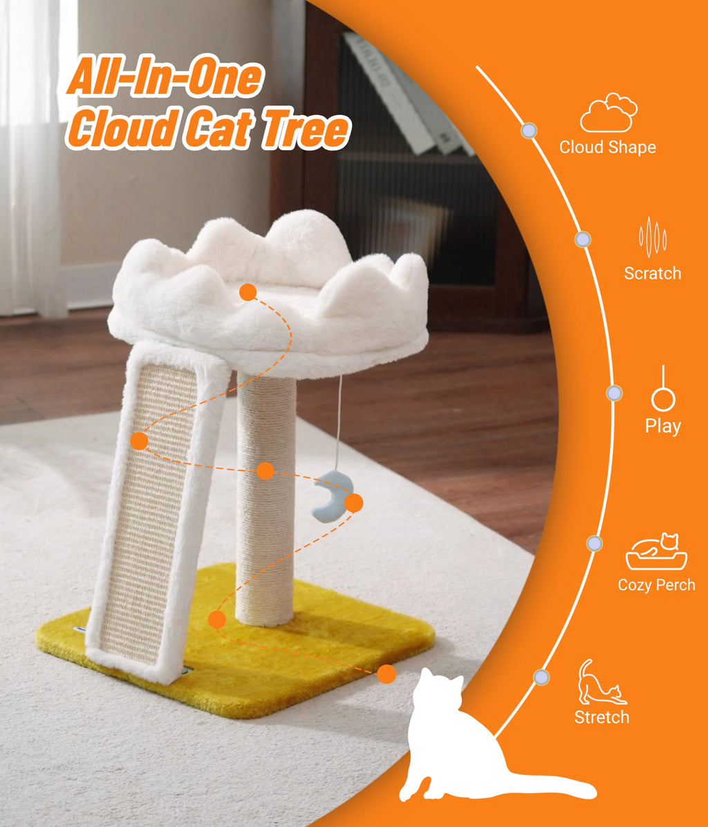 Happi N Pets Cat Tree, Cloud Cat Tower with Soft Bed, Cat Scratching Post & Pad with Larger Perch for Window Viewing, Small Cat Tree with Cute Toys, Bonus Catnip